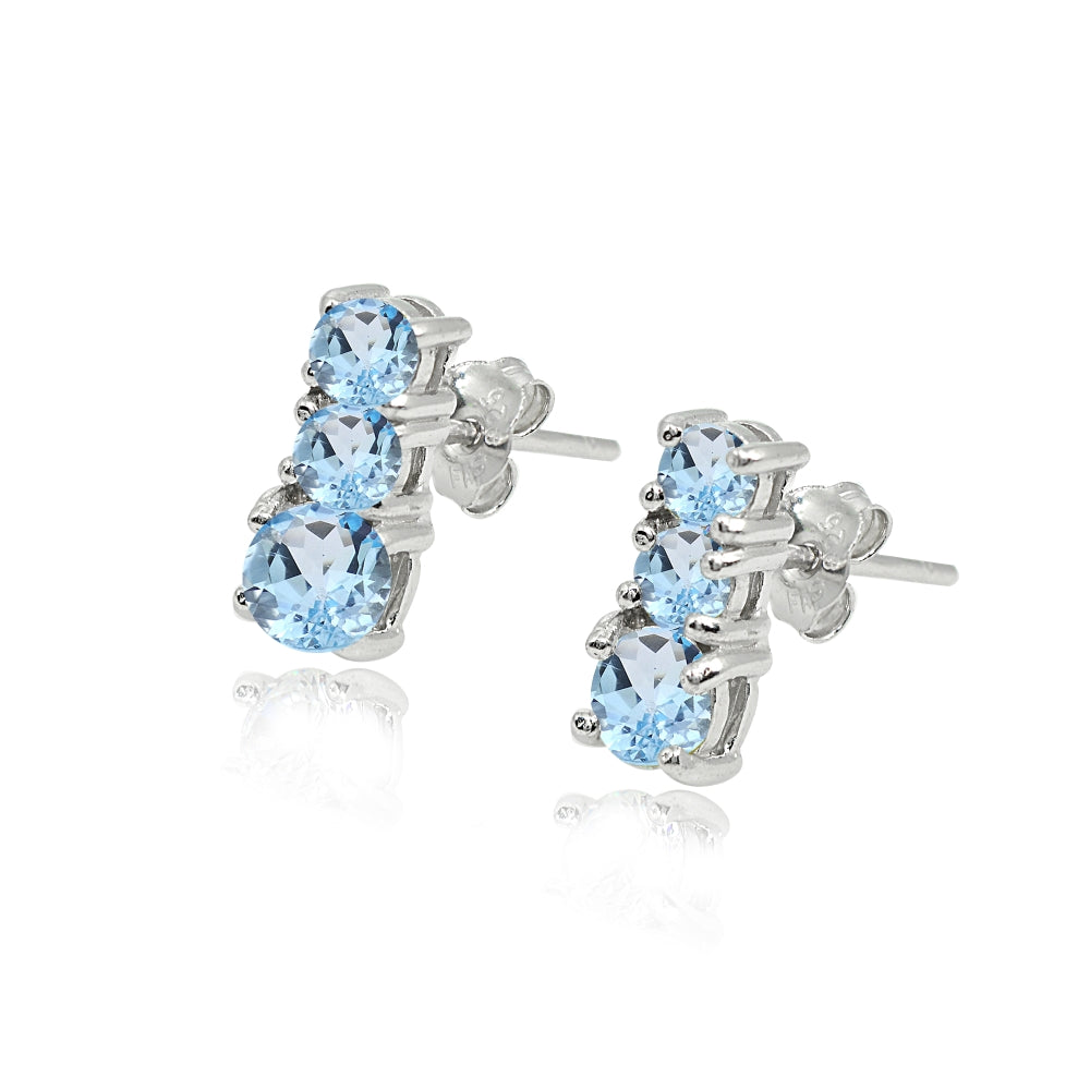 Sterling Silver Blue Topaz Round Graduating Three Stone Stud Earrings-2