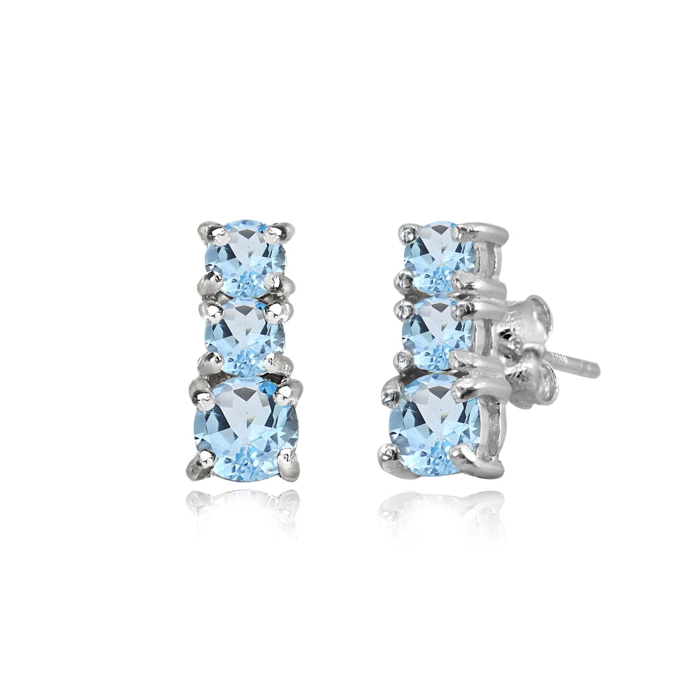 Sterling Silver Blue Topaz Round Graduating Three Stone Stud Earrings-3