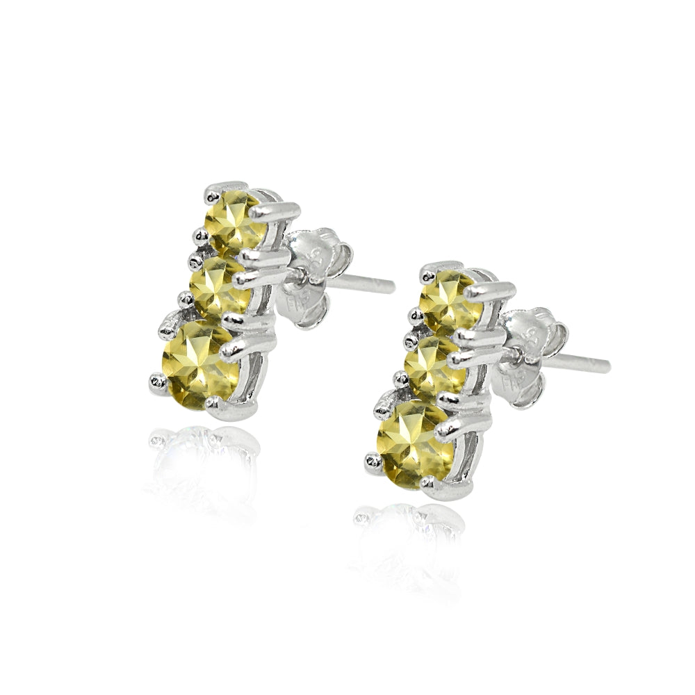 Sterling Silver Citrine Round Graduating Three Stone Stud Earrings-2