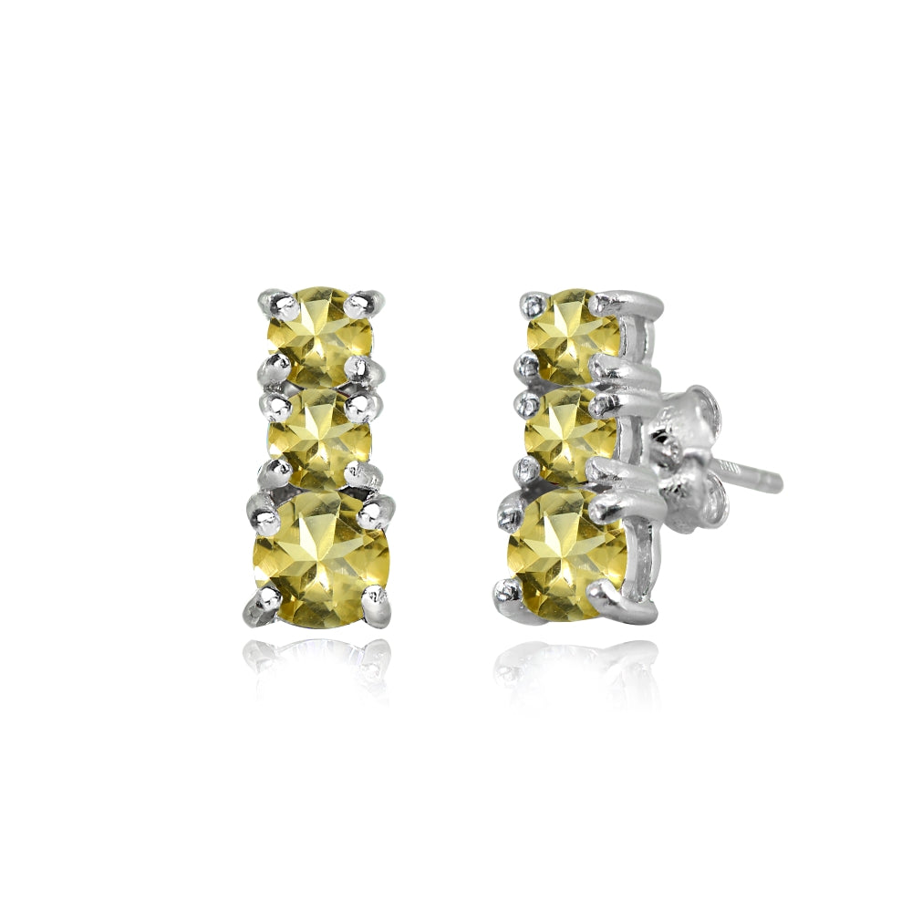 Sterling Silver Citrine Round Graduating Three Stone Stud Earrings-3