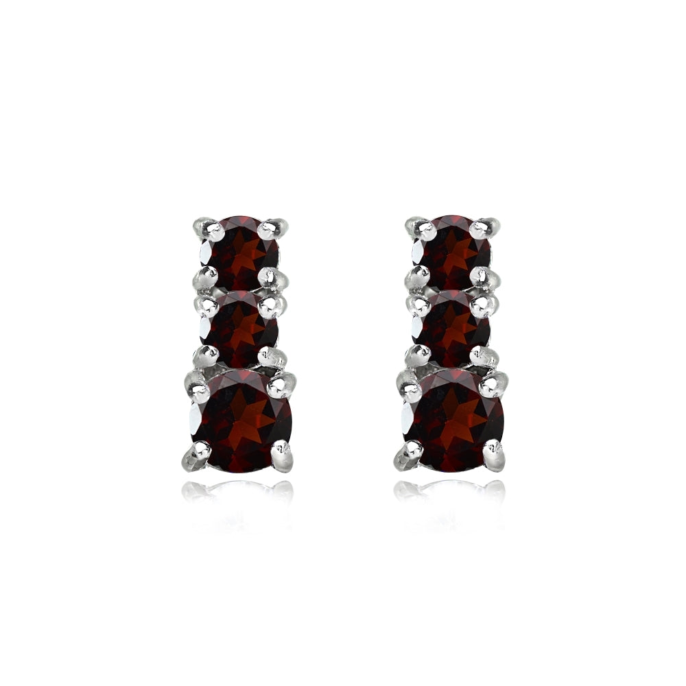 Sterling Silver Garnet Round Graduating Three Stone Stud Earrings