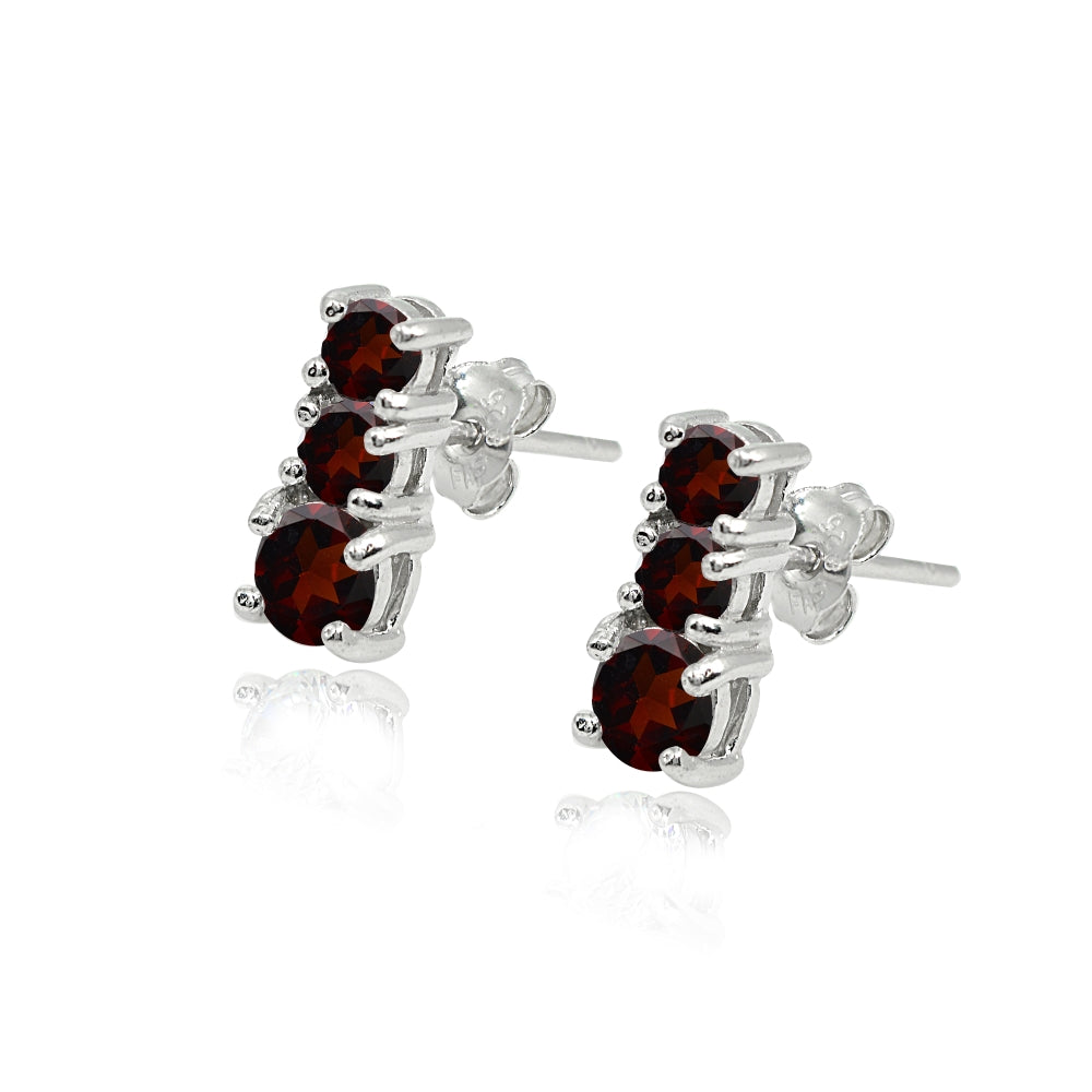 Sterling Silver Garnet Round Graduating Three Stone Stud Earrings-2