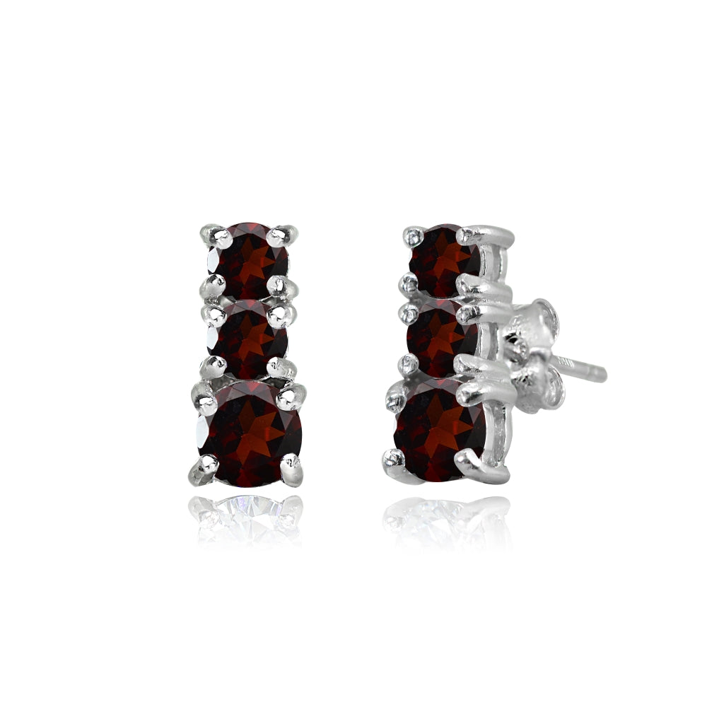 Sterling Silver Garnet Round Graduating Three Stone Stud Earrings-3