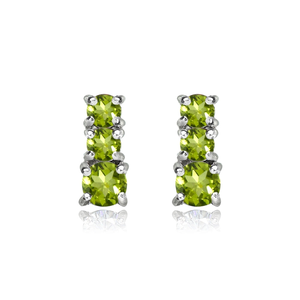 Sterling Silver Peridot Round Graduating Three Stone Stud Earrings