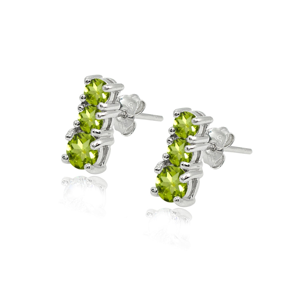 Sterling Silver Peridot Round Graduating Three Stone Stud Earrings-2