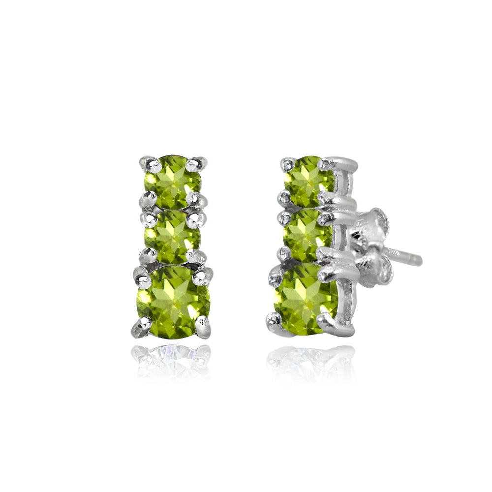 Sterling Silver Peridot Round Graduating Three Stone Stud Earrings-3