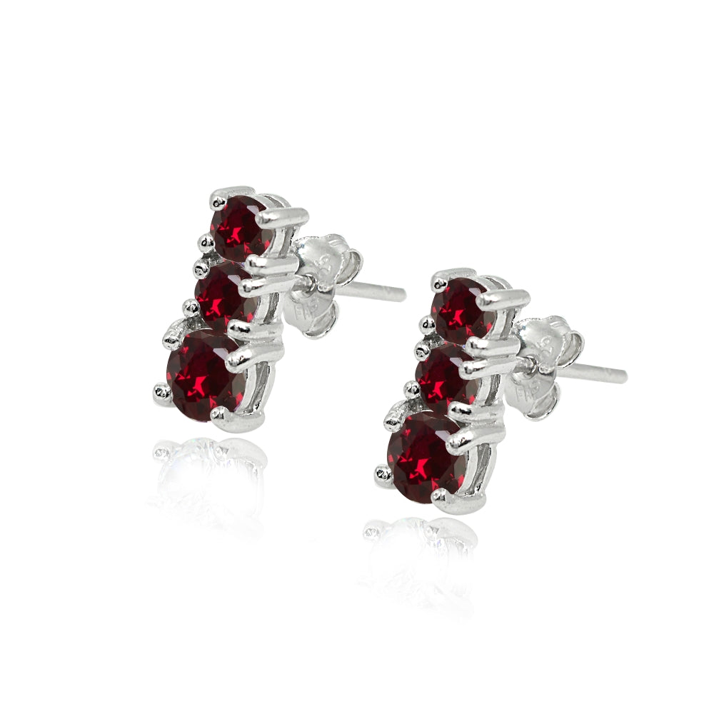 Sterling Silver Created Ruby Round Graduating Three Stone Stud Earrings-2