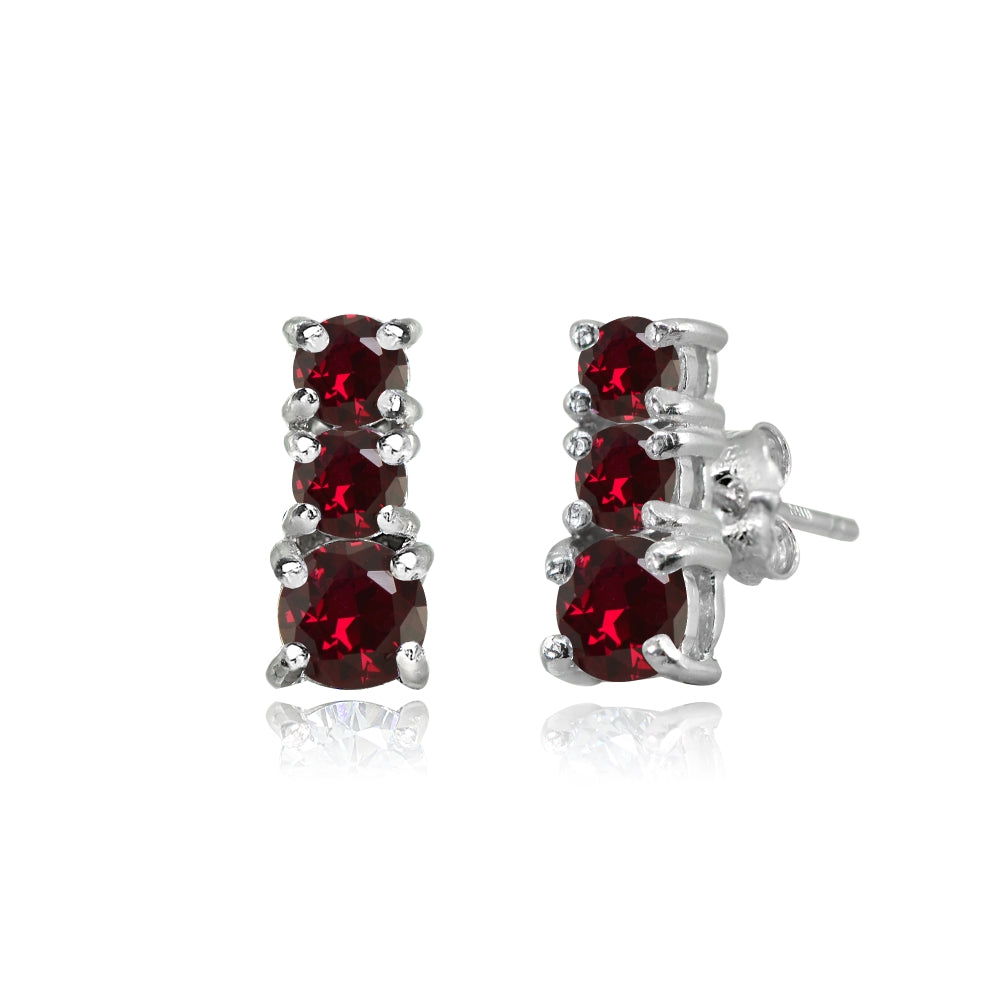 Sterling Silver Created Ruby Round Graduating Three Stone Stud Earrings-3