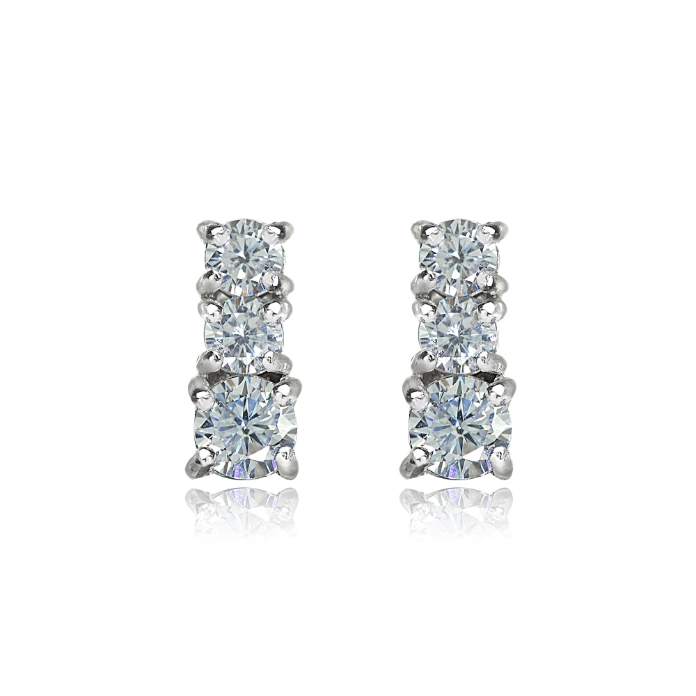 Sterling Silver Cubic Zirconia Round Graduating Three Stone Stud Earrings