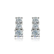 Sterling Silver Cubic Zirconia Round Graduating Three Stone Stud Earrings