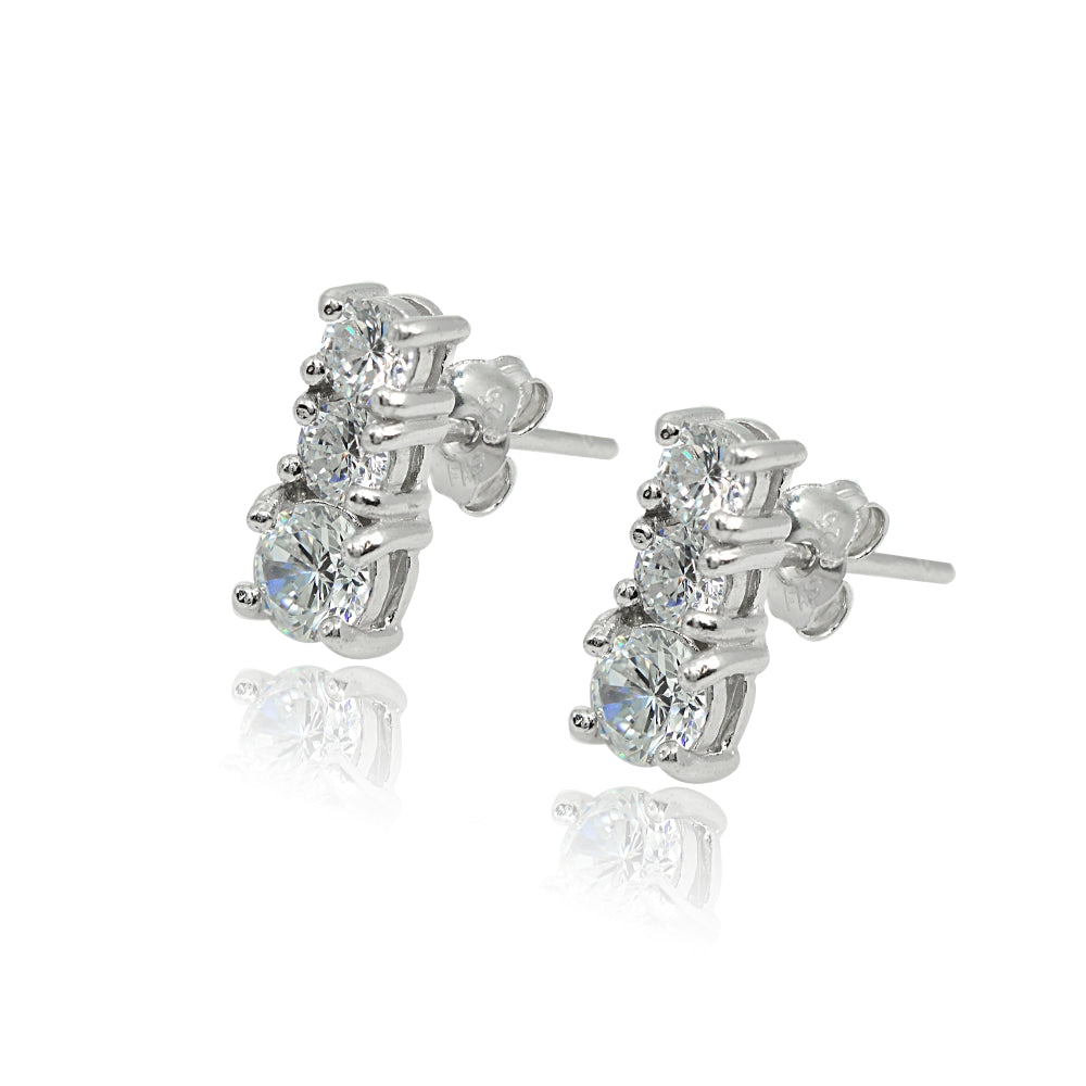 Sterling Silver Cubic Zirconia Round Graduating Three Stone Stud Earrings-2