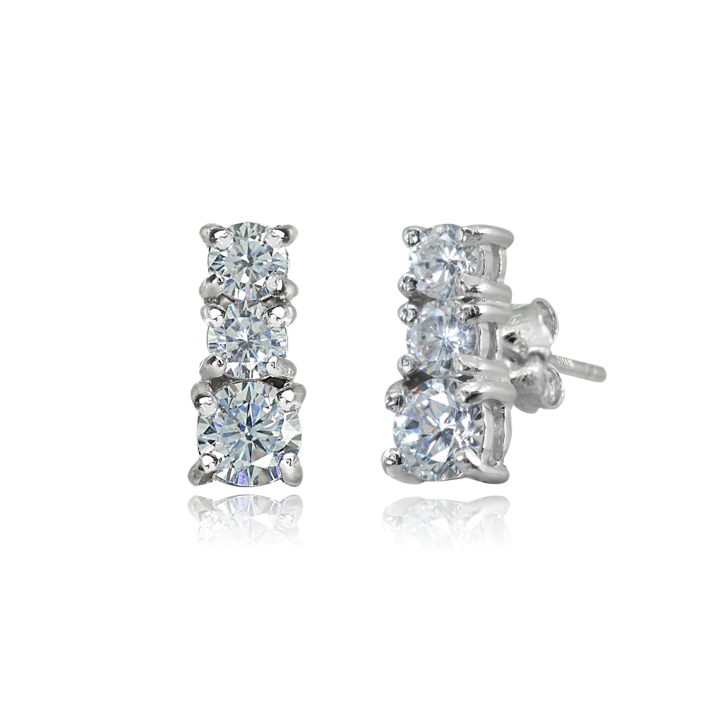 Sterling Silver Cubic Zirconia Round Graduating Three Stone Stud Earrings-3