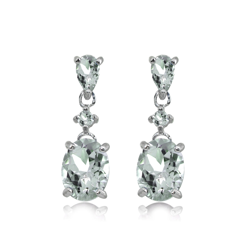 Sterling Silver Light Aquamarine Oval Three Stone Dangling Stud Earrings
