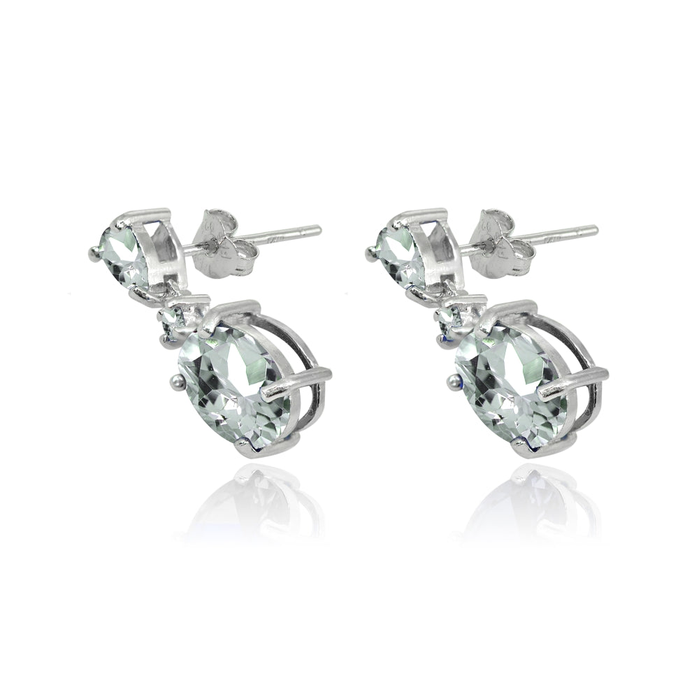 Sterling Silver Light Aquamarine Oval Three Stone Dangling Stud Earrings-2