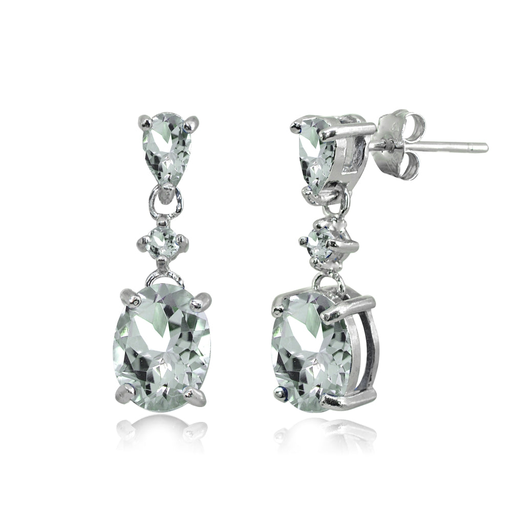 Sterling Silver Light Aquamarine Oval Three Stone Dangling Stud Earrings-3