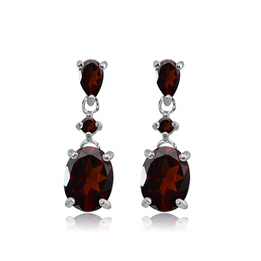 Sterling Silver Garnet Oval Three Stone Dangling Stud Earrings