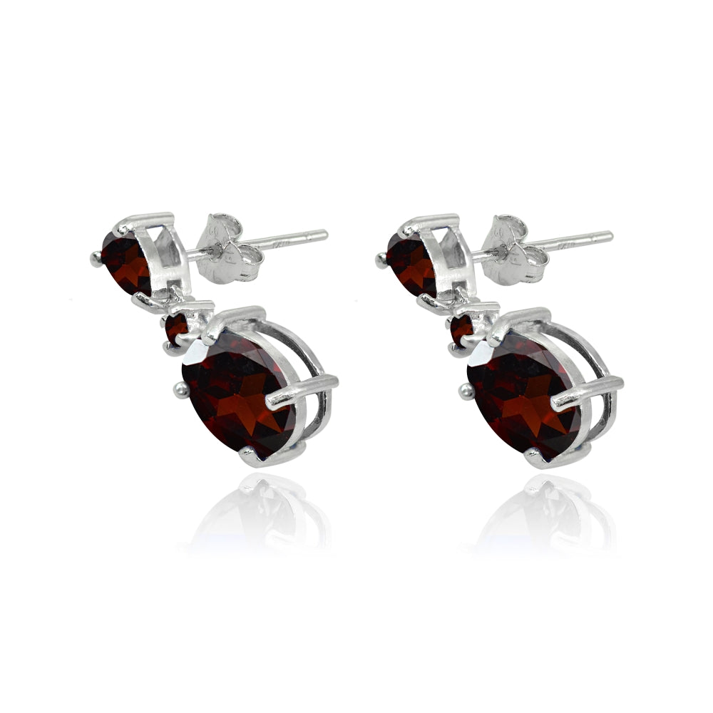 Sterling Silver Garnet Oval Three Stone Dangling Stud Earrings-2
