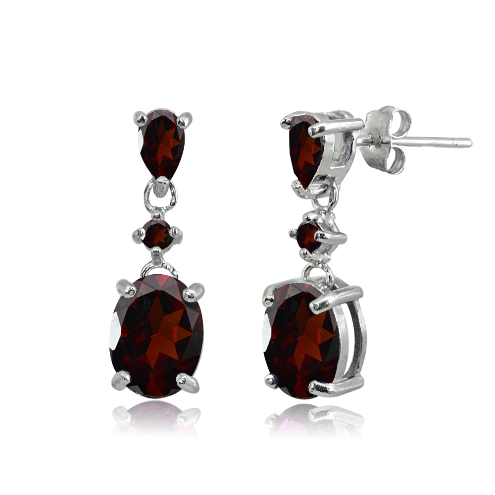 Sterling Silver Garnet Oval Three Stone Dangling Stud Earrings-3