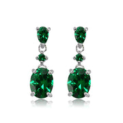 Sterling Silver Simulated Emerald Oval Three Stone Dangling Stud Earrings