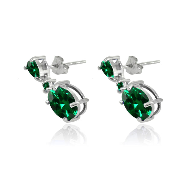 Sterling Silver Simulated Emerald Oval Three Stone Dangling Stud Earrings