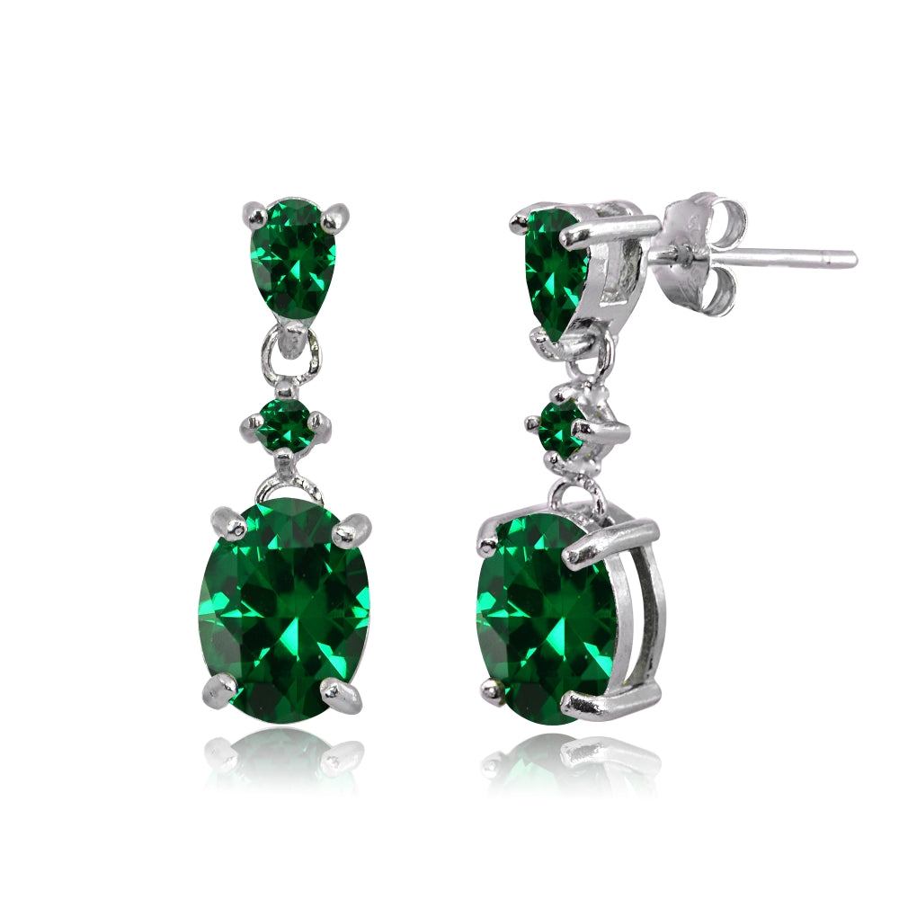 Sterling Silver Simulated Emerald Oval Three Stone Dangling Stud Earrings-3