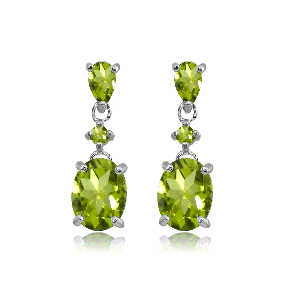 Sterling Silver Peridot Oval Three Stone Dangling Stud Earrings
