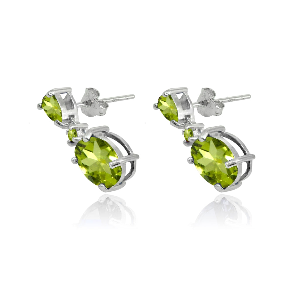 Sterling Silver Peridot Oval Three Stone Dangling Stud Earrings-2