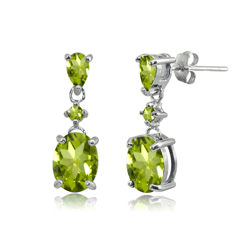 Sterling Silver Peridot Oval Three Stone Dangling Stud Earrings-3