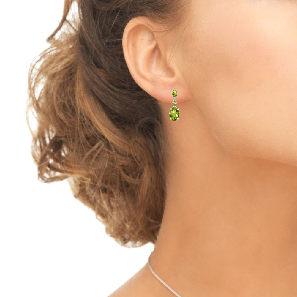 Sterling Silver Peridot Oval Three Stone Dangling Stud Earrings-4