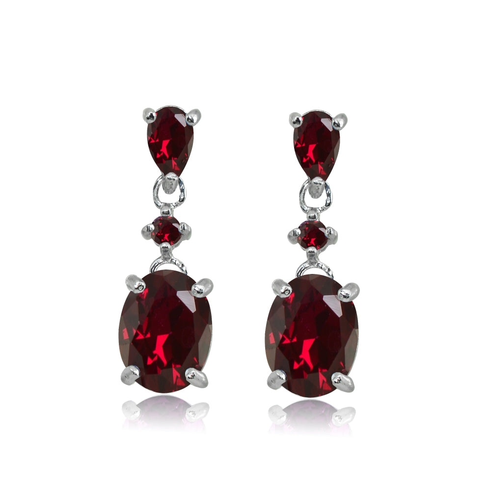 Sterling Silver Created Ruby Oval Three Stone Dangling Stud Earrings