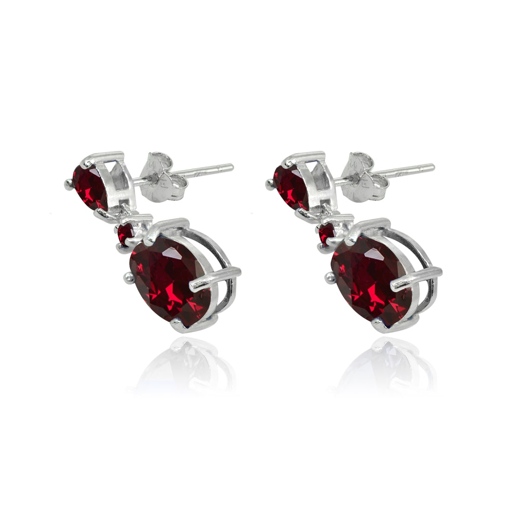 Sterling Silver Created Ruby Oval Three Stone Dangling Stud Earrings-2