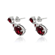 Sterling Silver Created Ruby Oval Three Stone Dangling Stud Earrings