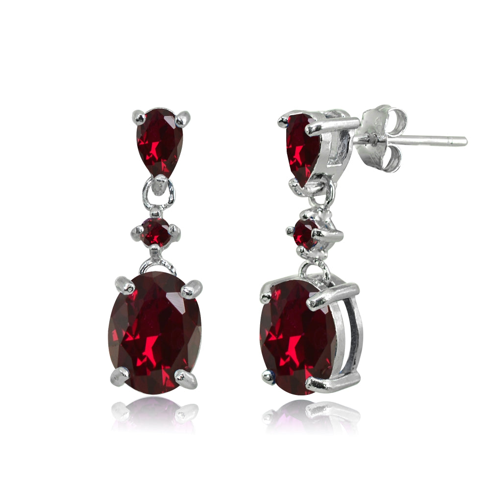 Sterling Silver Created Ruby Oval Three Stone Dangling Stud Earrings-3