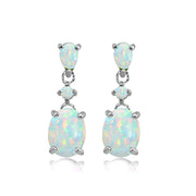 Sterling Silver Created White Opal Oval Three Stone Dangling Stud Earrings