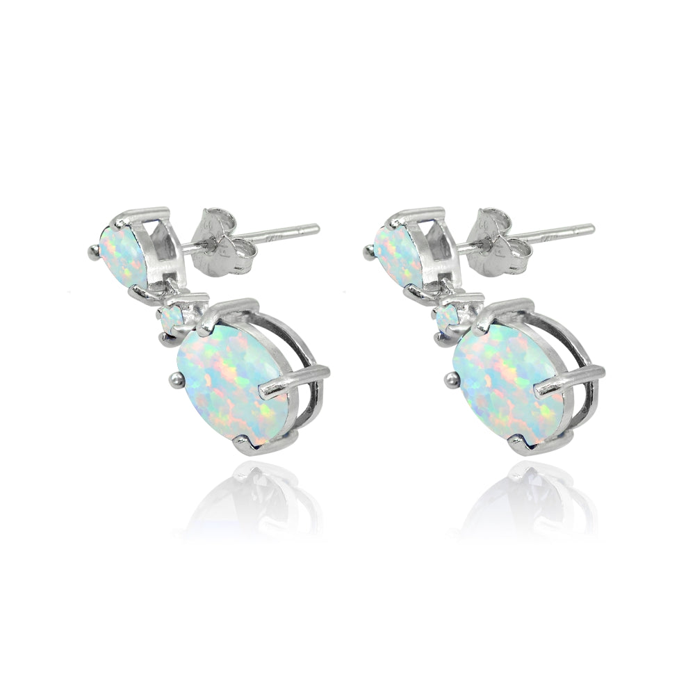 Sterling Silver Created White Opal Oval Three Stone Dangling Stud Earrings-2