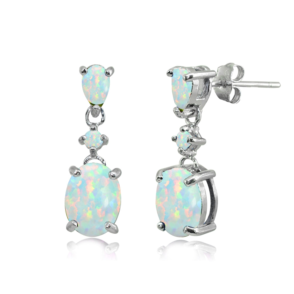 Sterling Silver Created White Opal Oval Three Stone Dangling Stud Earrings-3