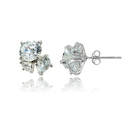 Sterling Silver Cubic Zirconia Round Cluster Graduated Three Stone Stud Earrings