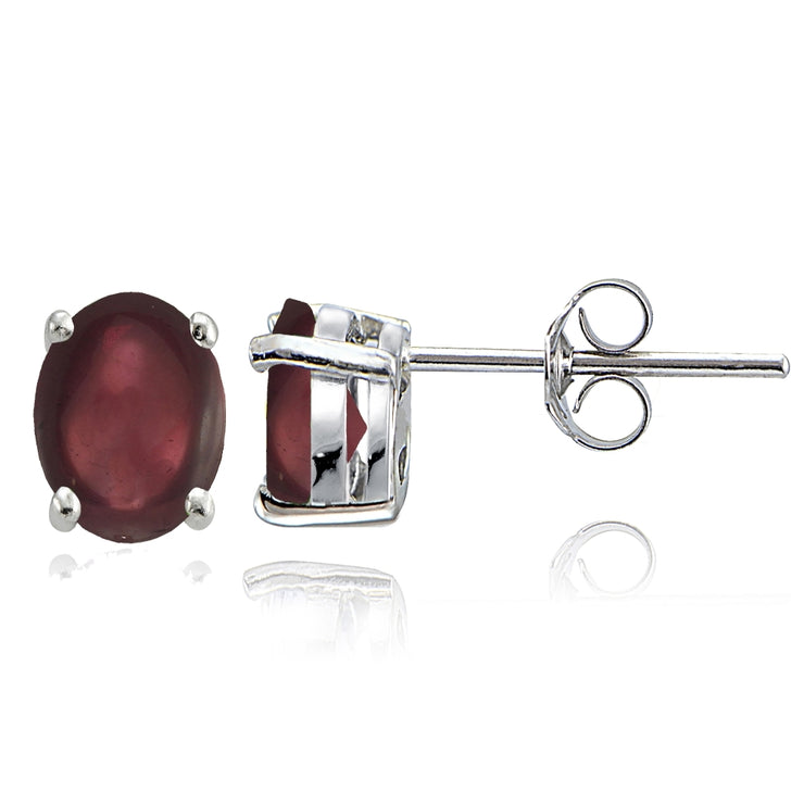 Sterling Silver Created Cabochon Garnet 8x6mm Oval Solitaire Stud Earrings