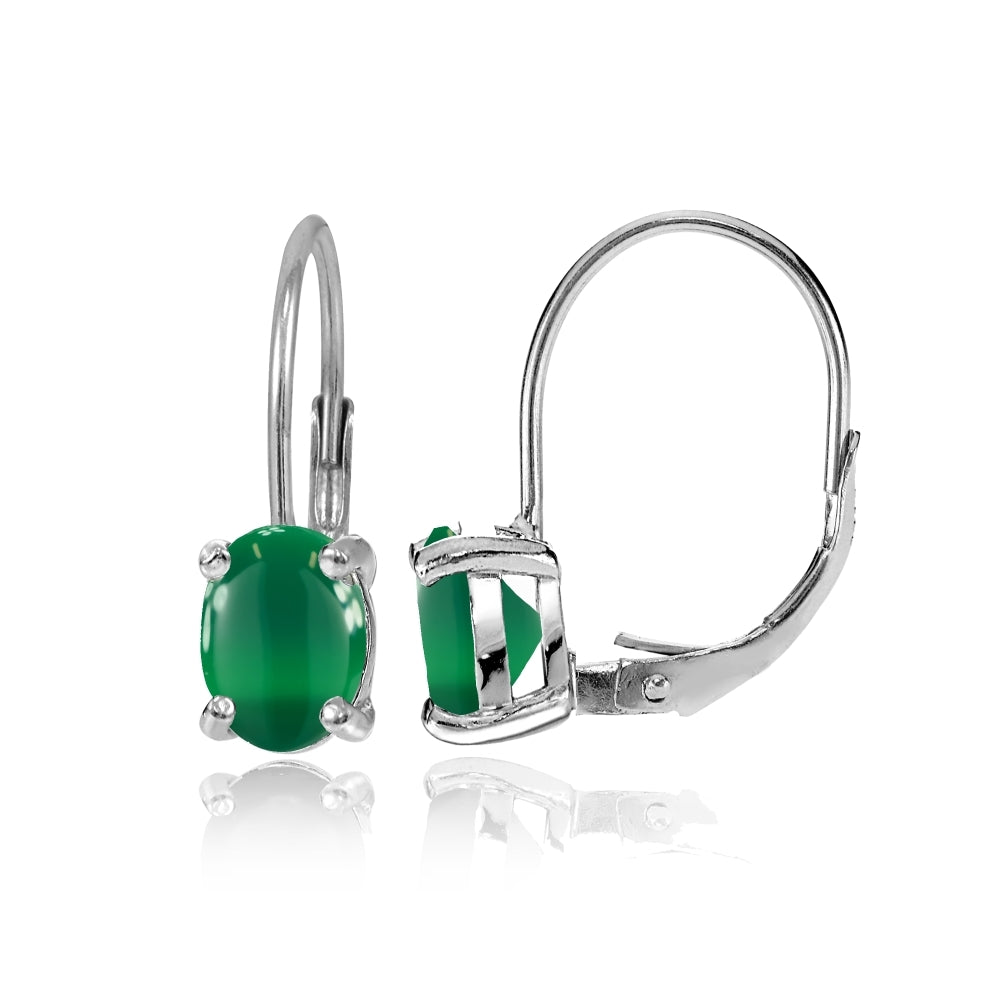 Sterling Silver Created Green Agate 8x6mm Oval Solitaire Leverback Earrings