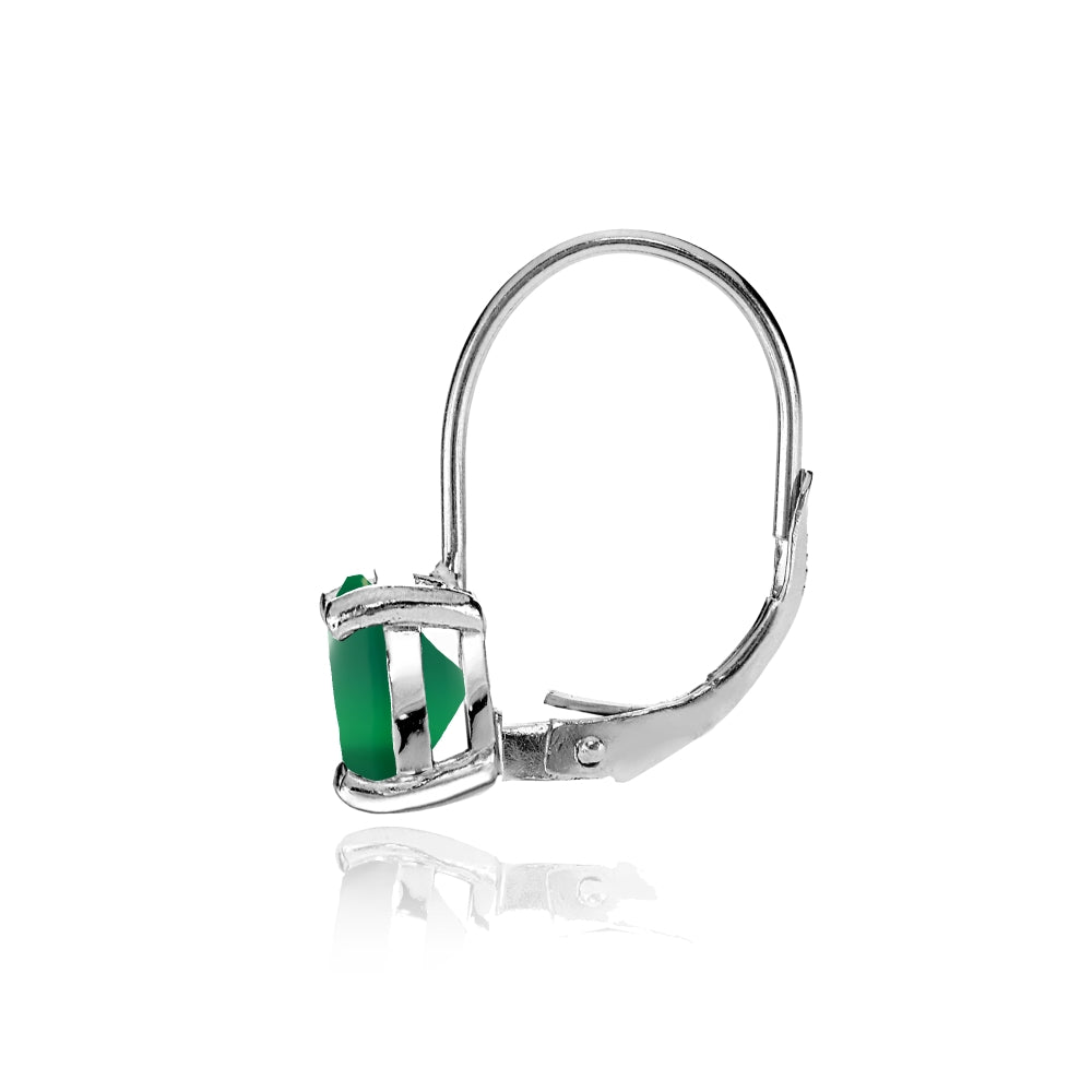 Sterling Silver Created Green Agate 8x6mm Oval Solitaire Leverback Earrings-2