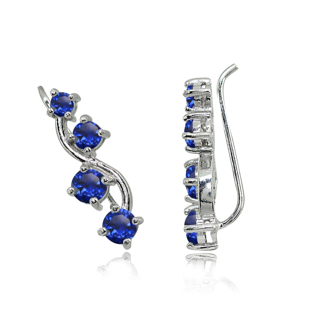 Sterling Silver Created Blue Sapphire Vine Climber Crawler Earrings-2
