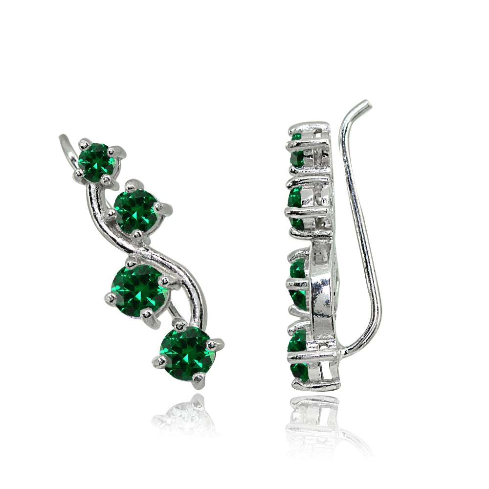 Sterling Silver Simulated Emerald Vine Climber Crawler Earrings-2