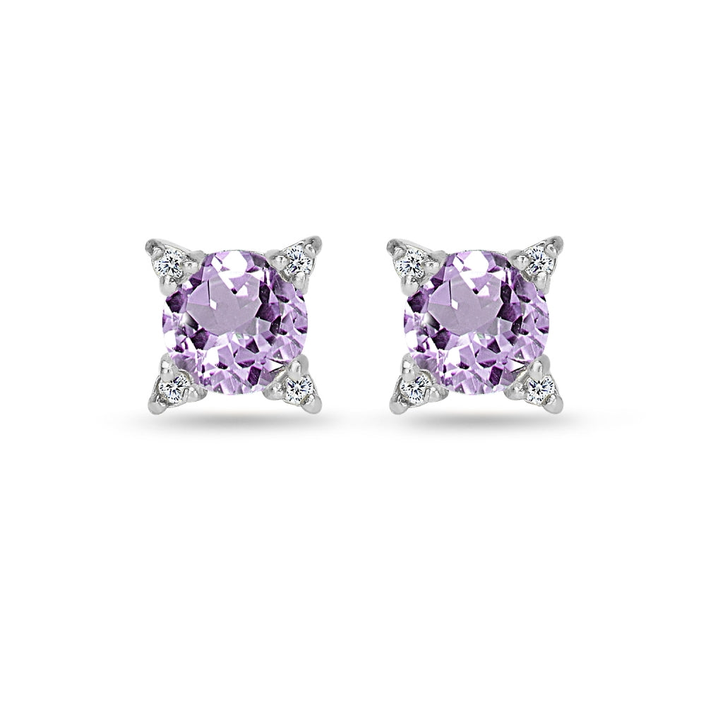 Sterling Silver Amethyst & White Topaz Studded Solitaire Stud Earrings