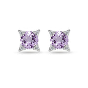 Sterling Silver Amethyst & White Topaz Studded Solitaire Stud Earrings