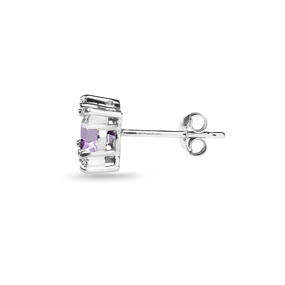 Sterling Silver Amethyst & White Topaz Studded Solitaire Stud Earrings-3