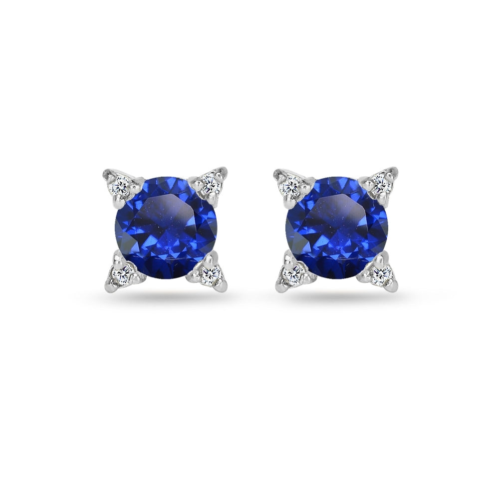 Sterling Silver Created Blue Sapphire & White Topaz Studded Solitaire Stud Earrings