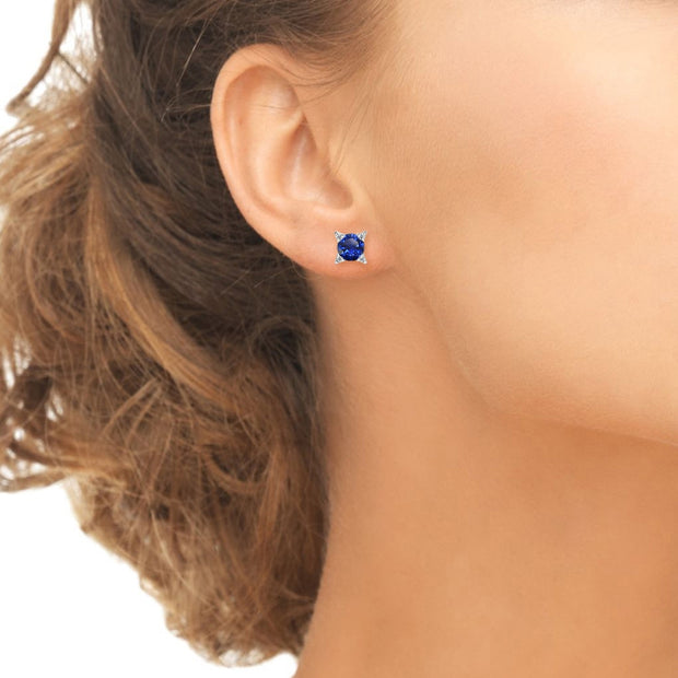 Sterling Silver Created Blue Sapphire & White Topaz Studded Solitaire Stud Earrings