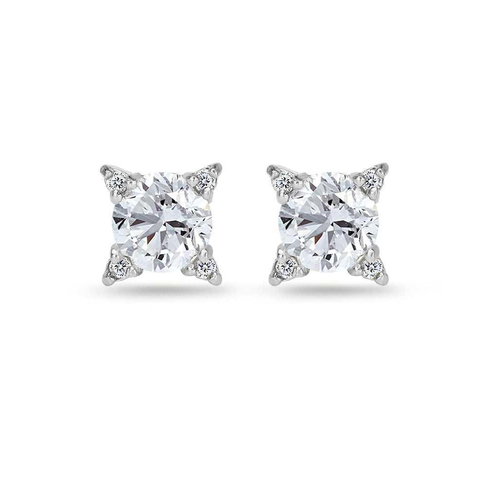 Sterling Silver Created White Sapphire Studded Solitaire Stud Earrings