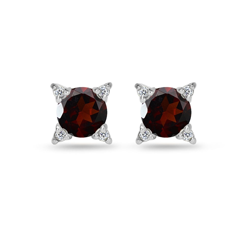 Sterling Silver Garnet & White Topaz Studded Solitaire Stud Earrings