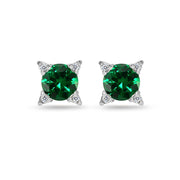 Sterling Silver Created Emerald & White Topaz Studded Solitaire Stud Earrings